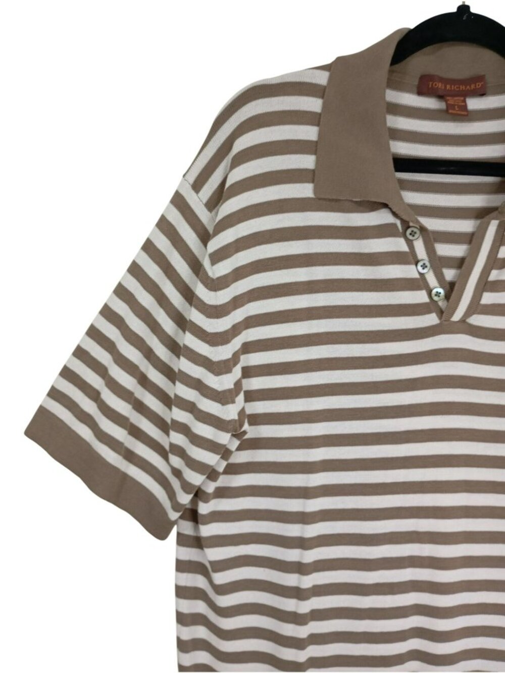Tori Richard Mens Brown & White Striped Short Sleeve Polo Shirt Size L 100% Cott - Picture 4 of 8